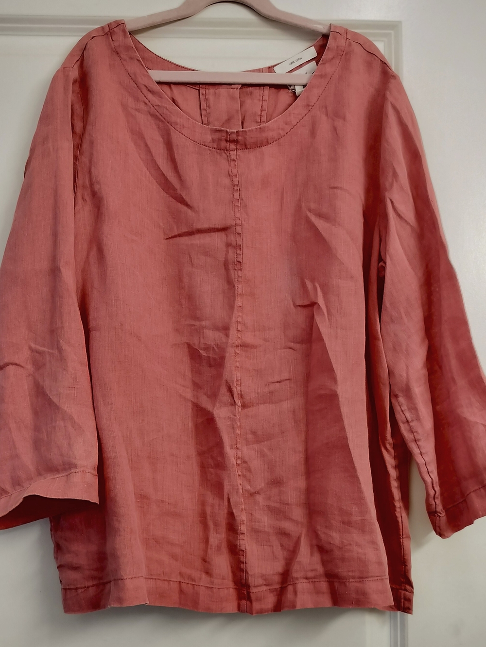Nicole Miller 100% Linen Scoop Neck 3/4 Sleeve Blouse Top - Coral Pink